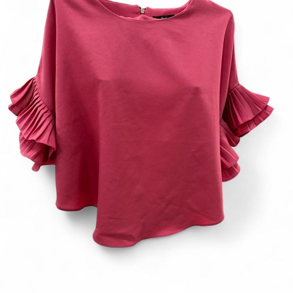 Shein Women Pink Ruffle Tiered Pleated Sleeve Blouse Round Neck Back Zip Top S